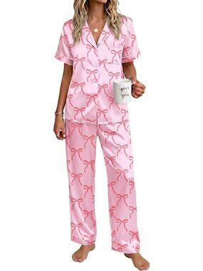 Women Pink Silky Short Sleeve Button Down Loungewear Pajama Set